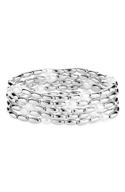 Open Edit Set Of 5 Cultured Pearl Beaded Stretch Bracelets In Silver