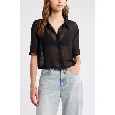 Open Edit Sheer Crop Button-up Shirt In Black