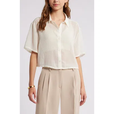 Open Edit Sheer Crop Button-up Shirt In Ivory Dove