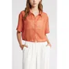 Open Edit Sheer Crop Button-up Shirt In Rust Redwood