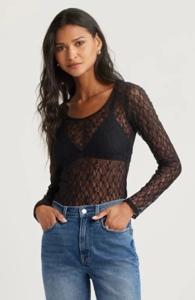 Open Edit Sheer Lace Top In Black