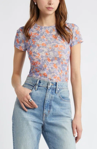 Open Edit Sheer Short Sleeve Top In Pink Multi Sky Floral