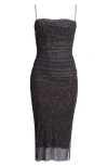 Open Edit Shirred Mesh Midi Dress In Brown- Black Elegant Leopard