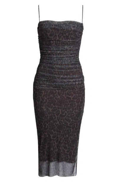 Open Edit Shirred Mesh Midi Dress In Brown- Black Elegant Leopard