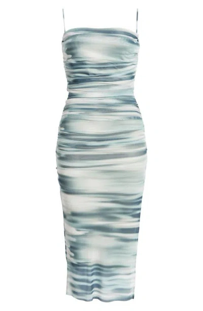 Open Edit Shirred Mesh Midi Dress In Grey Blue- Teal Soft Movement