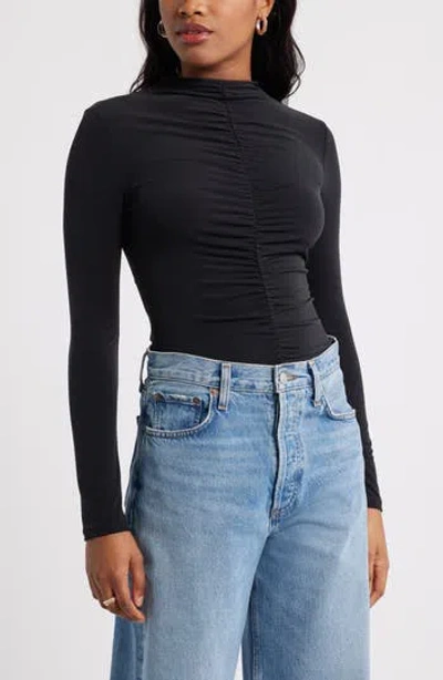 Open Edit Shirred Mock Neck Top In Black