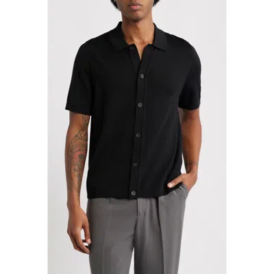 Open Edit Short Sleeve Button-up Silk Cardigan In Black