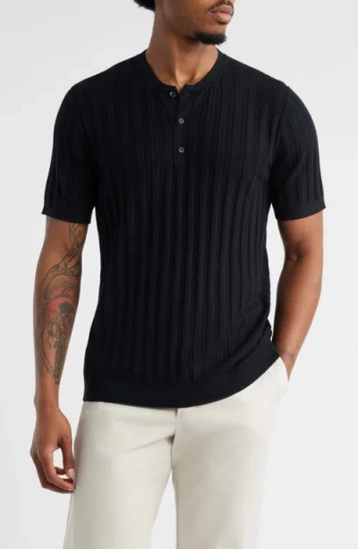 Open Edit Short Sleeve Henley Sweater In Black