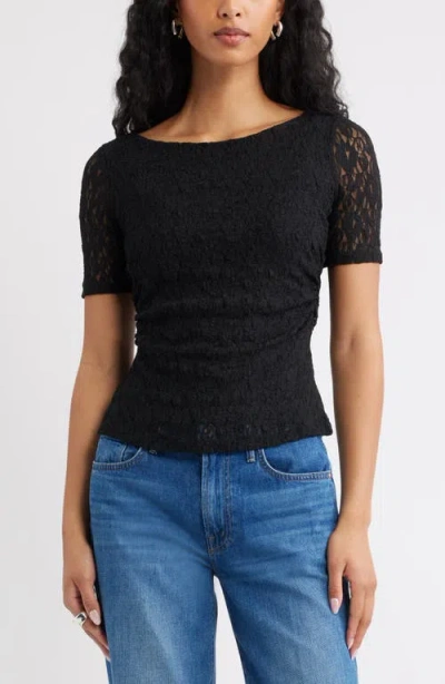 Open Edit Short Sleeve Lace Top In Black