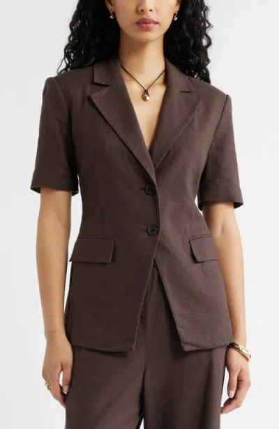 Open Edit Short Sleeve Linen Blend Blazer In Brown