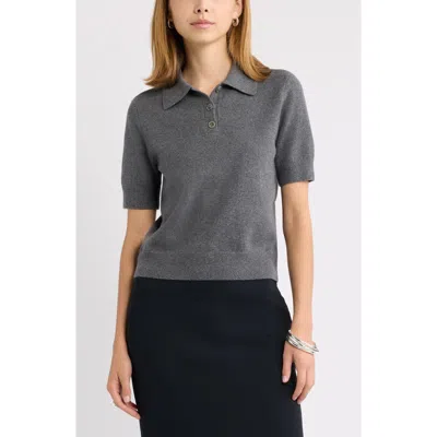 Open Edit Short Sleeve Polo Sweater In Grey Medium Charcoal Heather