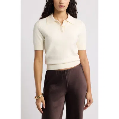 Open Edit Short Sleeve Polo Sweater In Ivory Dove