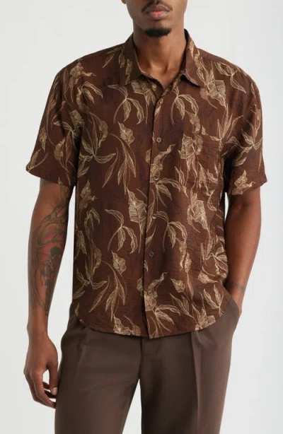 Open Edit Sketched Leaves Print Relaxed Short Sleeve Button-up Shirt In Brown