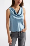 Open Edit Sleeveless Cowl Neck Satin Top In Blue
