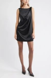 Open Edit Sleeveless Satin Dress With Back Bow Accent In Black