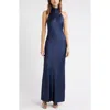 Open Edit Sleeveless Satin Halter Dress In Blue