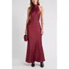 Open Edit Sleeveless Satin Halter Dress In Burgundy
