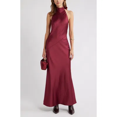 Open Edit Sleeveless Satin Halter Dress In Burgundy