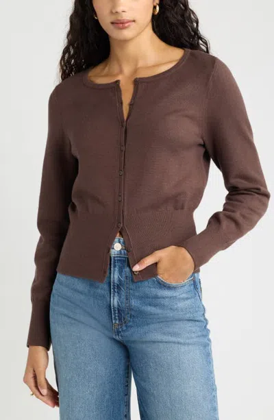 Open Edit Softluxe Crewneck Cardigan In Brown Seal