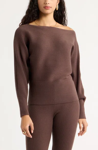 Open Edit Softluxe Off The Shoulder Sweater In Brown Seal