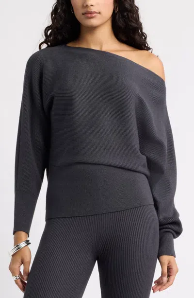 Open Edit Softluxe Off The Shoulder Sweater In Grey Dark Charcoal Heather