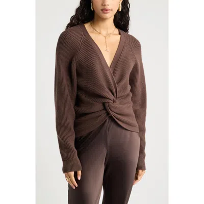 Open Edit Softluxe Twist Reversible Sweater In Brown Seal