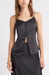 Open Edit Split Front Satin Button-up Camisole In Black