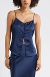Open Edit Split Front Satin Button-up Camisole In Blue