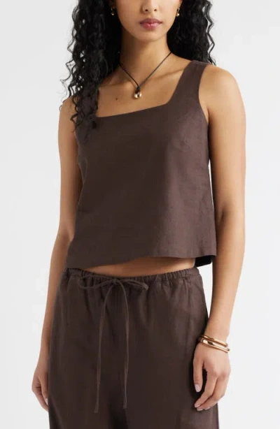 Open Edit Square Neck Sleeveless Linen Blend Top In Brown