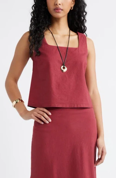 Open Edit Square Neck Sleeveless Linen Blend Top In Red