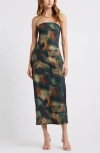 Open Edit Strapless Dress In Green- Rust Cosmo Print