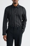 Open Edit Stripe Long Sleeve Button-up Shirt In Black