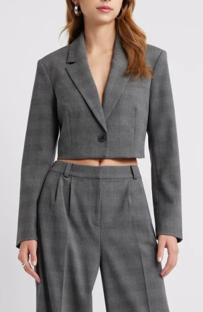 Open Edit Structured Crop Blazer In Grey Glen Plaid
