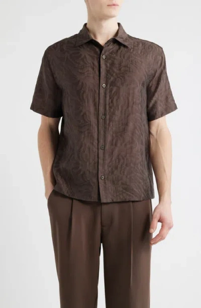 Open Edit Sunburst Jacquard Short Sleeve Button-up Shirt In Brown