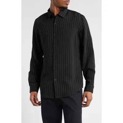 Open Edit Textured Pinstripe Button-up Shirt In Black- White Spaced Pinstripe
