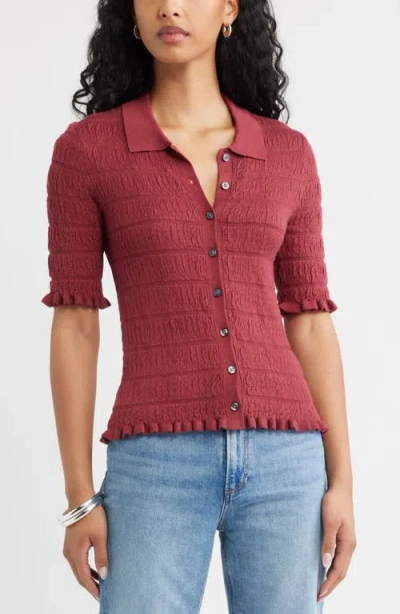 Open Edit Textured Short Sleeve Cardigan In Burgundy