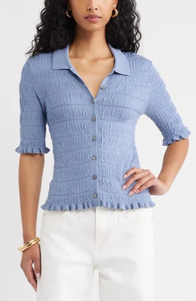 Open Edit Textured Short Sleeve Cardigan In Blue