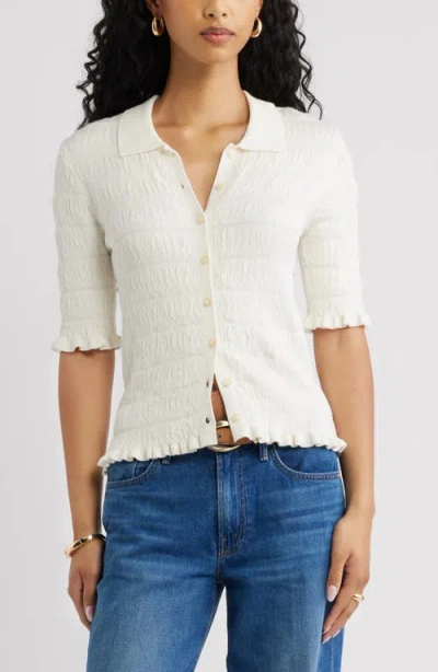 Open Edit Textured Short Sleeve Cardigan In White