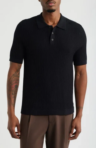 Open Edit Textured Short Sleeve Polo Sweater In Black