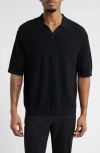 Open Edit Textured Stitch Short Sleeve Polo Sweater In Black