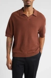 Open Edit Textured Stitch Short Sleeve Polo Sweater In Brown Tiramisu