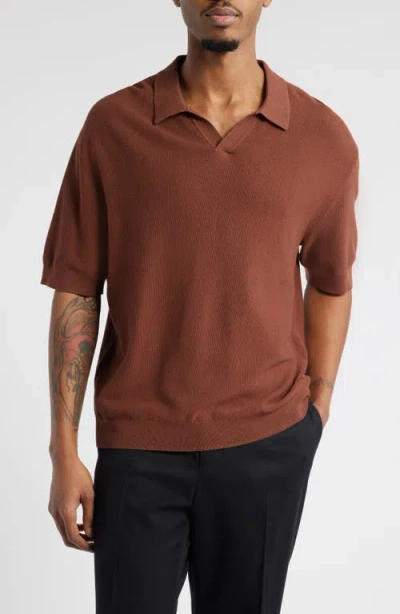 Open Edit Textured Stitch Short Sleeve Polo Sweater In Brown Tiramisu