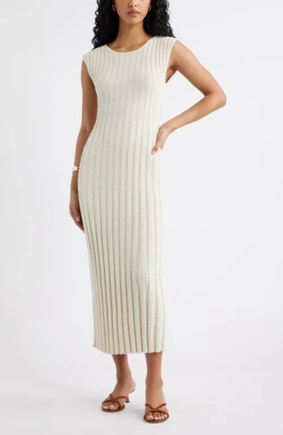 Open Edit Tie Back Cap Sleeve Linen Blend Rib Sweater Dress In White