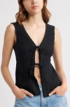 Open Edit Tie Front Linen Blend Top In Black