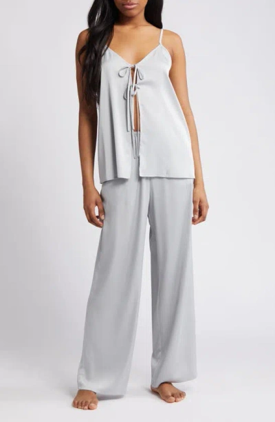 Open Edit Tie Front Satin Pajamas In Grey Silk