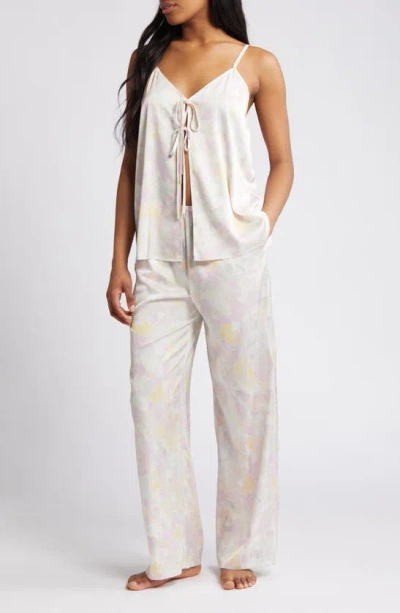 Open Edit Tie Front Satin Pajamas In Ivory Egret Sky Floral