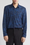 Open Edit Trim Fit Button-up Shirt In Blue-navy Cubic Lines