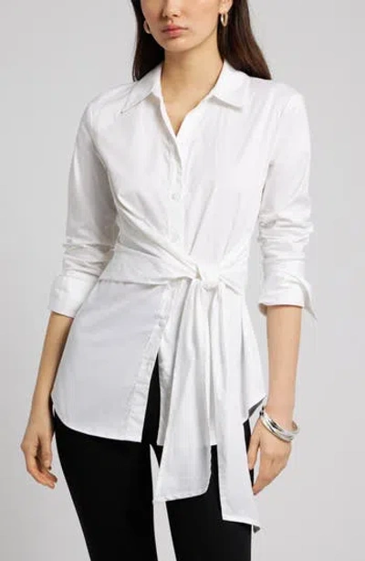 Open Edit Waist Tie Cotton Poplin Button-up Shirt In White