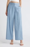 Open Edit Wide Leg Linen Blend Pants In Blue Chambray