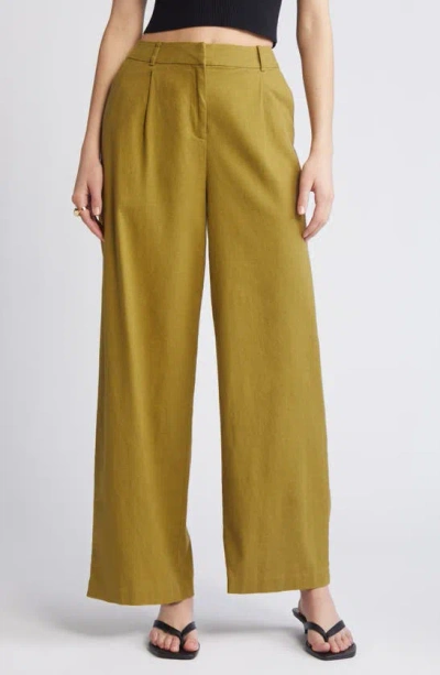 Open Edit Wide Leg Linen Blend Pants In Olive Eyes